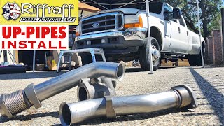 2001 F350 73  RiffRaff UpPipes Install  Stock up pipes leaking and falling apart JUNK SP [upl. by Norvol]