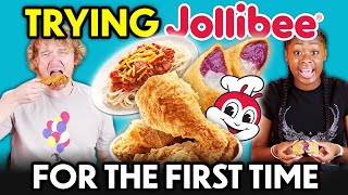 Americans Try Jollibee For The First Time Chickenjoy Yum Burger Burger Steak Jolly Spaghetti [upl. by Iolenta]